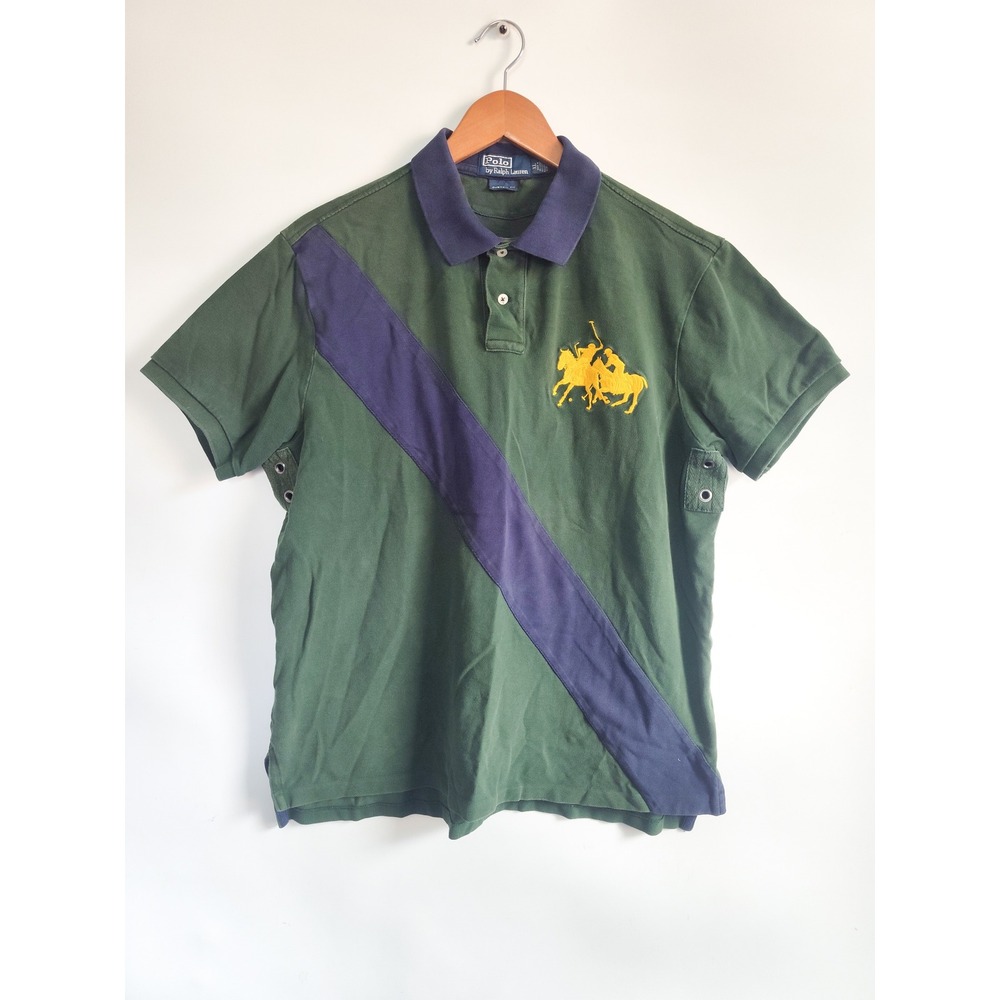 Vintage Polo Ralph Lauren Shirt XL Rugby Double Big Pony Custom Fit Green Blue